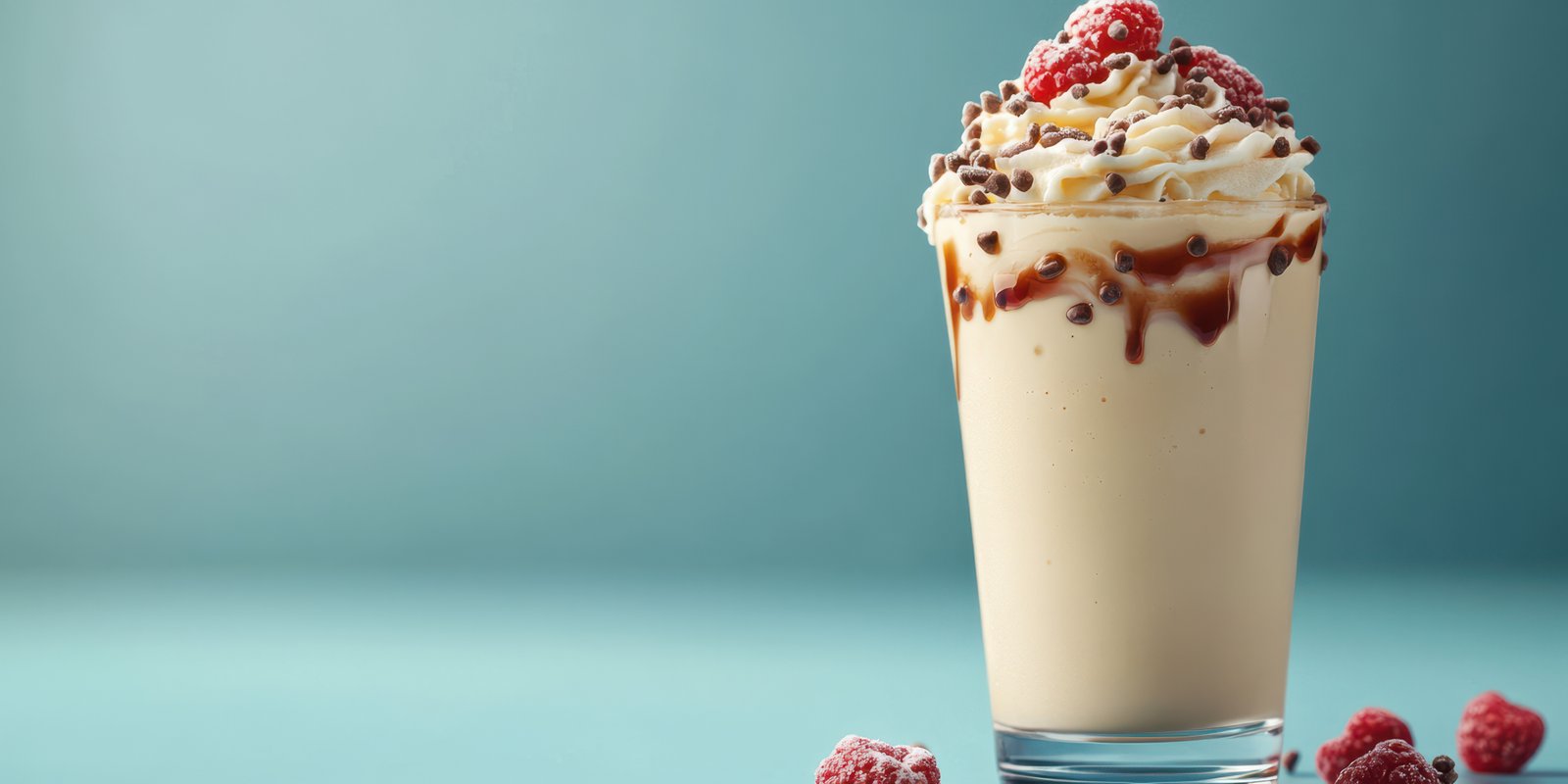 Delicious dessert beverage topped with whipped cream and fresh raspberries served in a glass